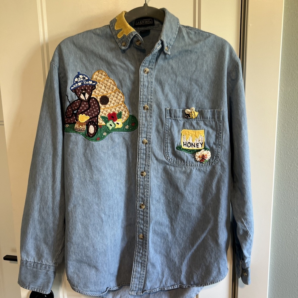 Vintage LA Loving Denim Shirt Womens Oversized Small Patchwork Honey Bear Button